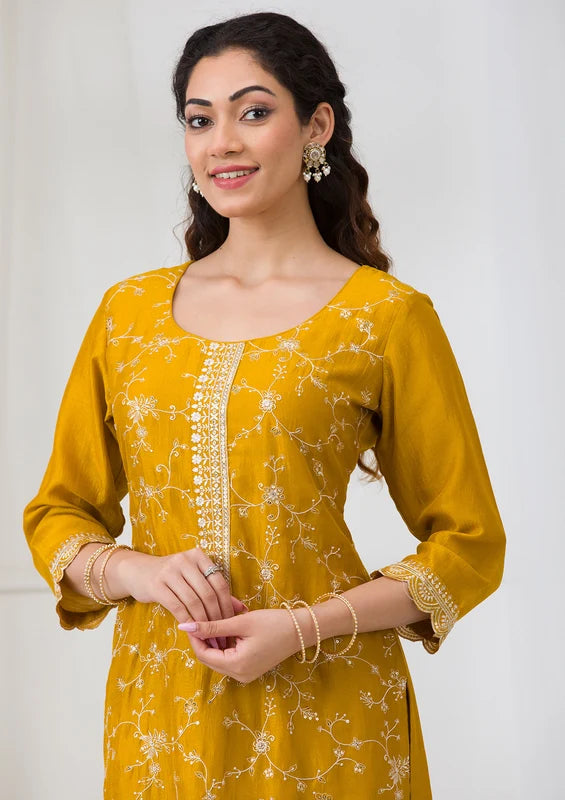 Mustard Soft Raw Silk Threadwork Straight Kurta With Pant Regular And Dupatta