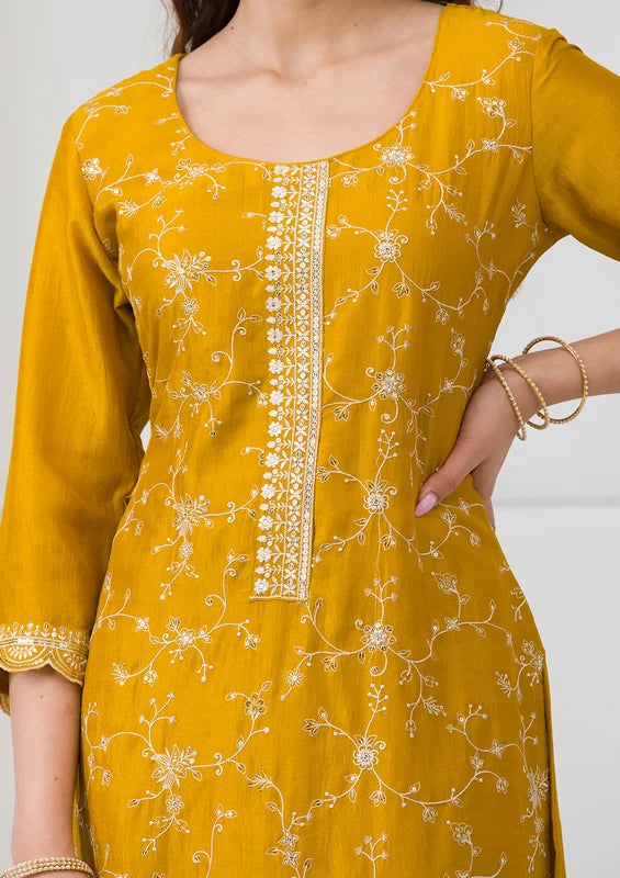 Mustard Soft Raw Silk Threadwork Straight Kurta With Pant Regular And Dupatta