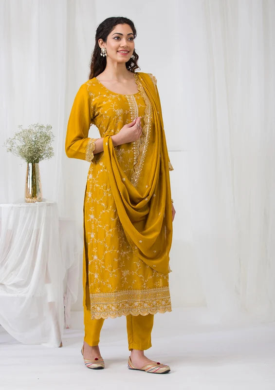 Mustard Soft Raw Silk Threadwork Straight Kurta With Pant Regular And Dupatta