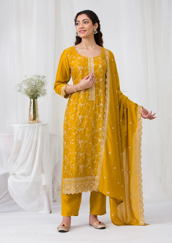 Mustard Soft Raw Silk Threadwork Straight Kurta With Pant Regular And Dupatta
