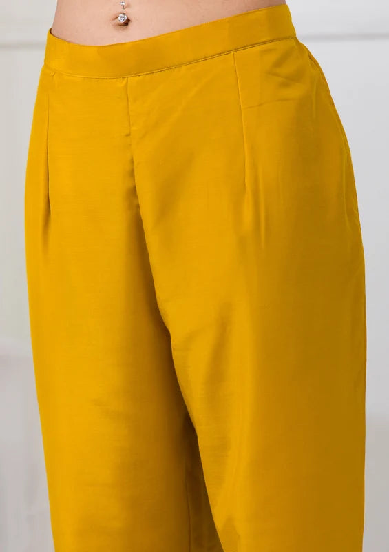 Mustard Soft Raw Silk Threadwork Straight Kurta With Pant Regular And Dupatta