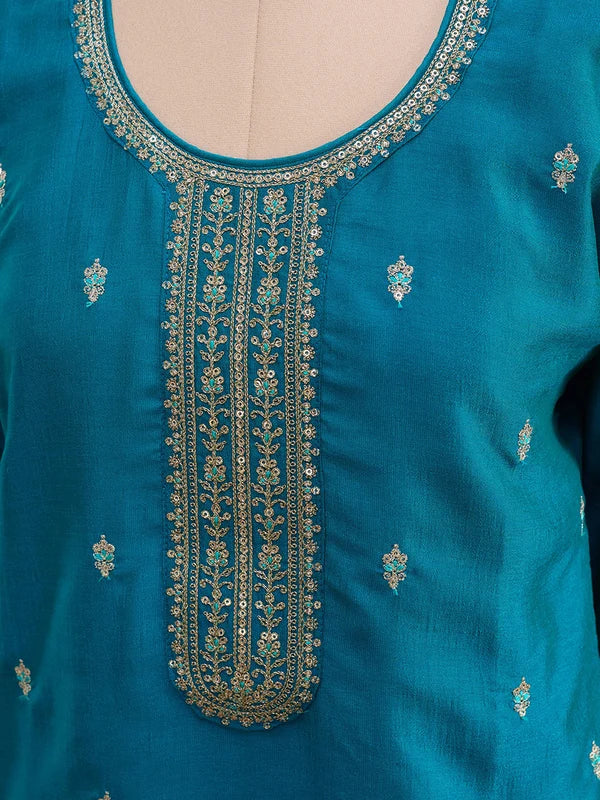 Turquoise Blue Zariwork (Gold) Soft Raw Silk Readymade Salwar Suit