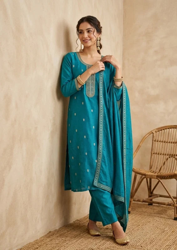 Turquoise Blue Zariwork (Gold) Soft Raw Silk Readymade Salwar Suit
