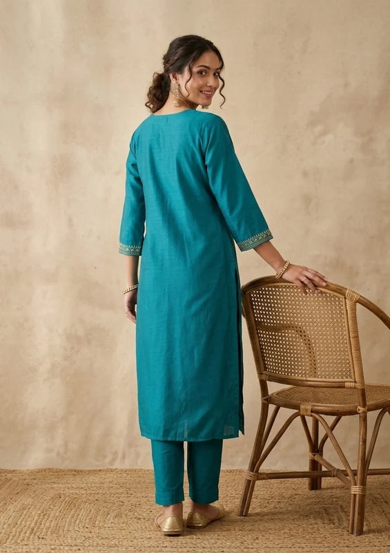 Turquoise Blue Zariwork (Gold) Soft Raw Silk Readymade Salwar Suit