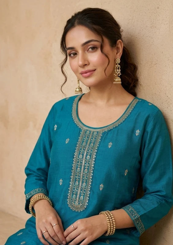 Turquoise Blue Zariwork (Gold) Soft Raw Silk Readymade Salwar Suit