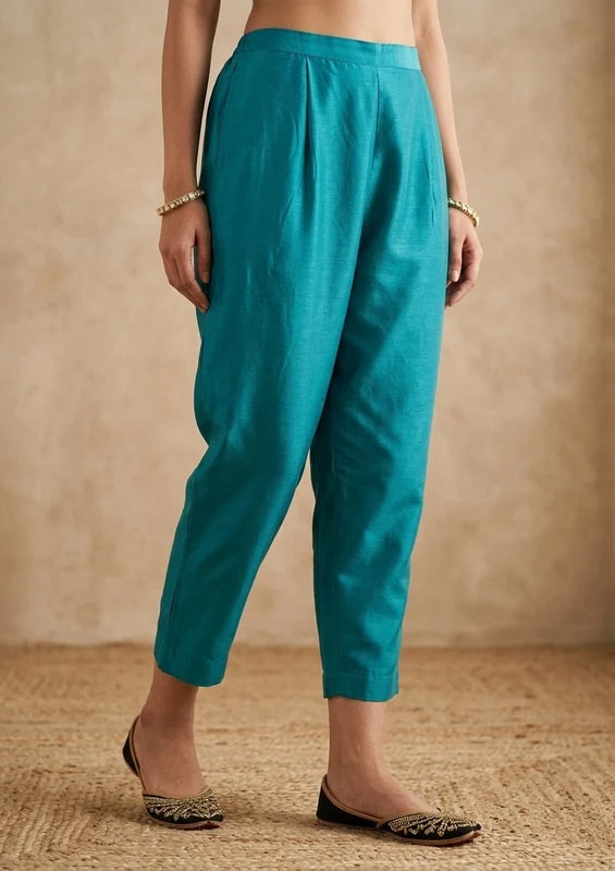 Turquoise Blue Zariwork (Gold) Soft Raw Silk Readymade Salwar Suit