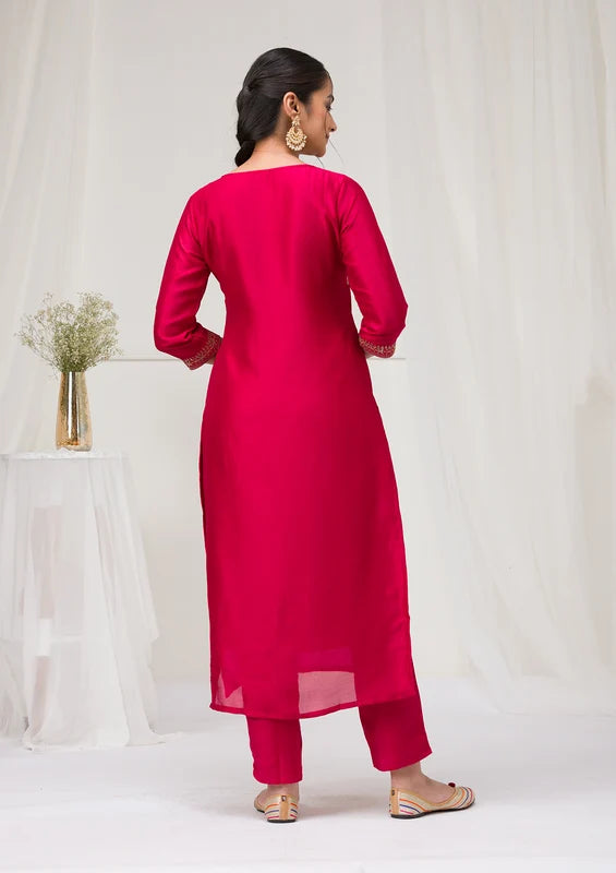 Rani Pink Soft Raw Silk Gold Zariwork Straight Kurta With Pant Regular And Dupatta