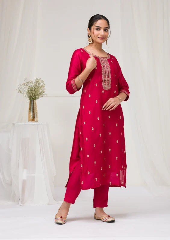 Rani Pink Soft Raw Silk Gold Zariwork Straight Kurta With Pant Regular And Dupatta