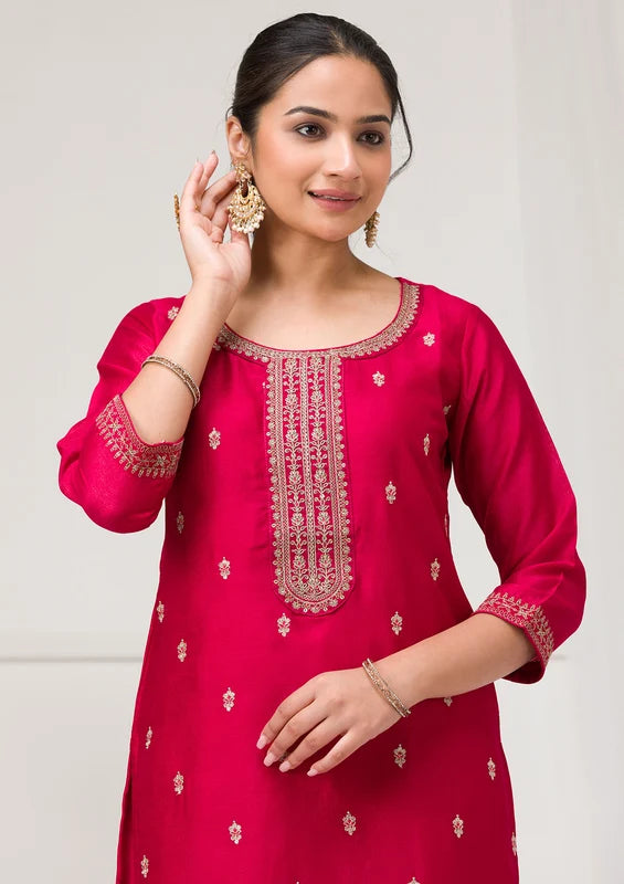 Rani Pink Soft Raw Silk Gold Zariwork Straight Kurta With Pant Regular And Dupatta