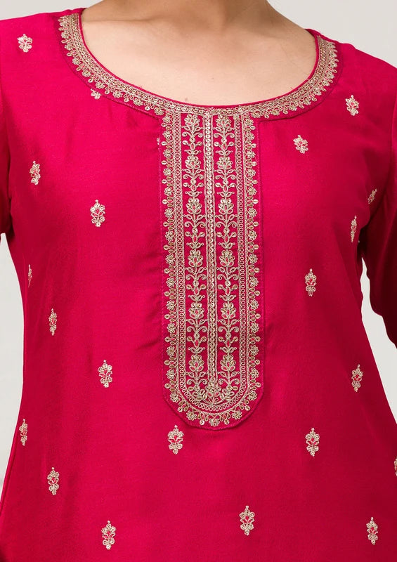 Rani Pink Soft Raw Silk Gold Zariwork Straight Kurta With Pant Regular And Dupatta