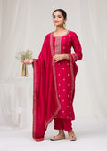 Rani Pink Soft Raw Silk Gold Zariwork Straight Kurta With Pant Regular And Dupatta