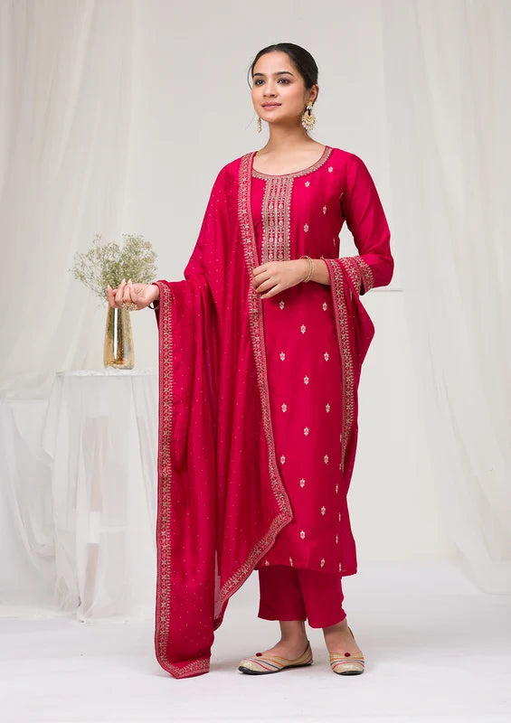 Rani Pink Soft Raw Silk Gold Zariwork Straight Kurta With Pant Regular And Dupatta