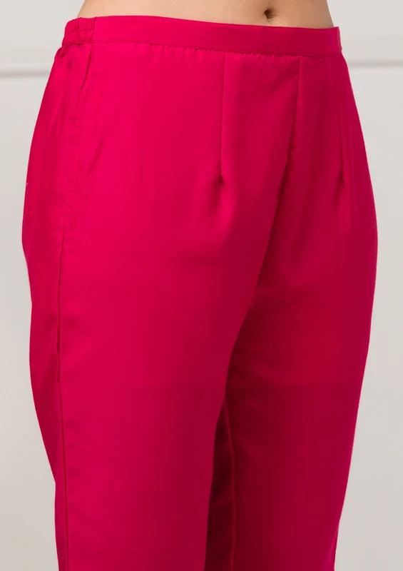 Rani Pink Soft Raw Silk Gold Zariwork Straight Kurta With Pant Regular And Dupatta