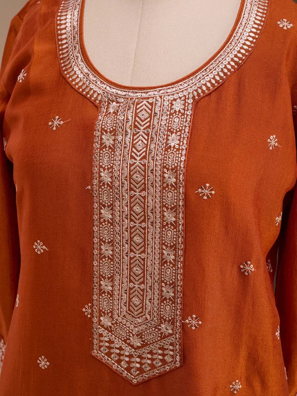 Orange Soft Raw Silk Threadwork Straight Kurta With Pant Regular And Dupatta