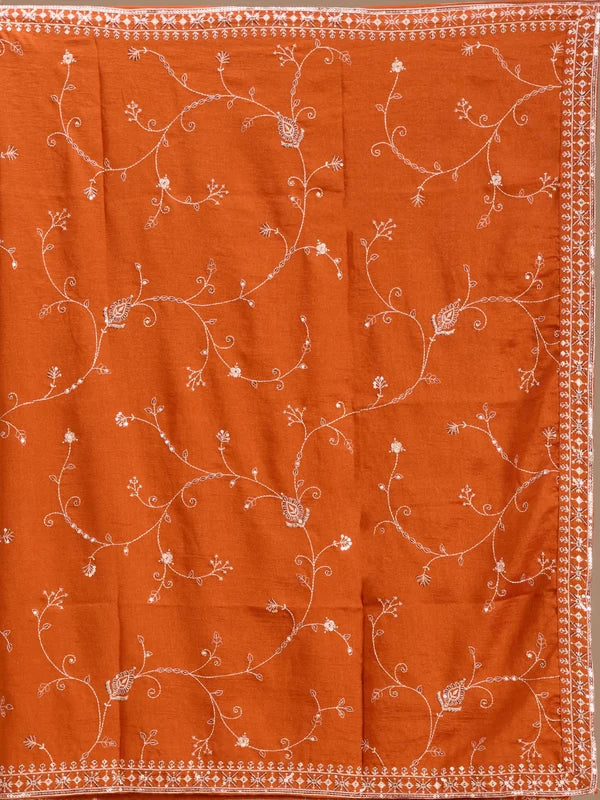 Orange Soft Raw Silk Threadwork Straight Kurta With Pant Regular And Dupatta