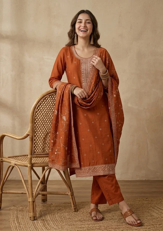 Orange Soft Raw Silk Threadwork Straight Kurta With Pant Regular And Dupatta