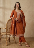 Orange Soft Raw Silk Threadwork Straight Kurta With Pant Regular And Dupatta