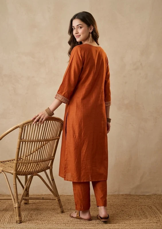 Orange Soft Raw Silk Threadwork Straight Kurta With Pant Regular And Dupatta