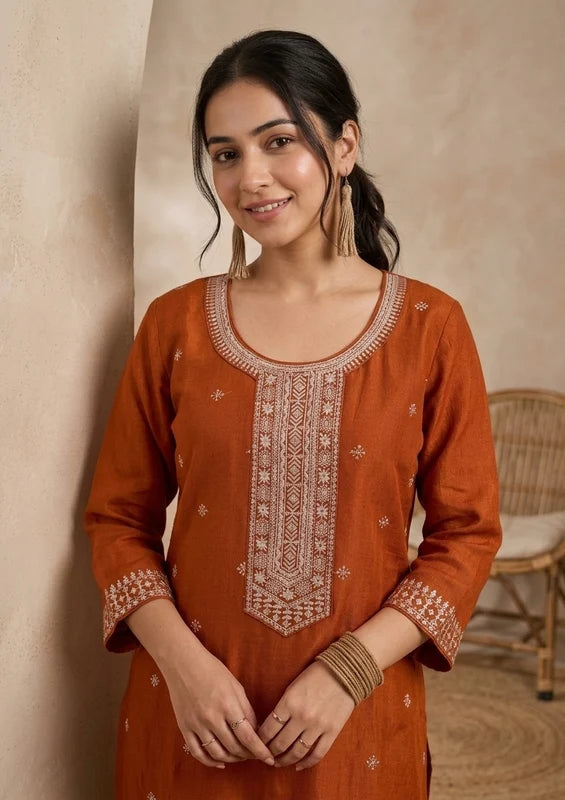 Orange Soft Raw Silk Threadwork Straight Kurta With Pant Regular And Dupatta