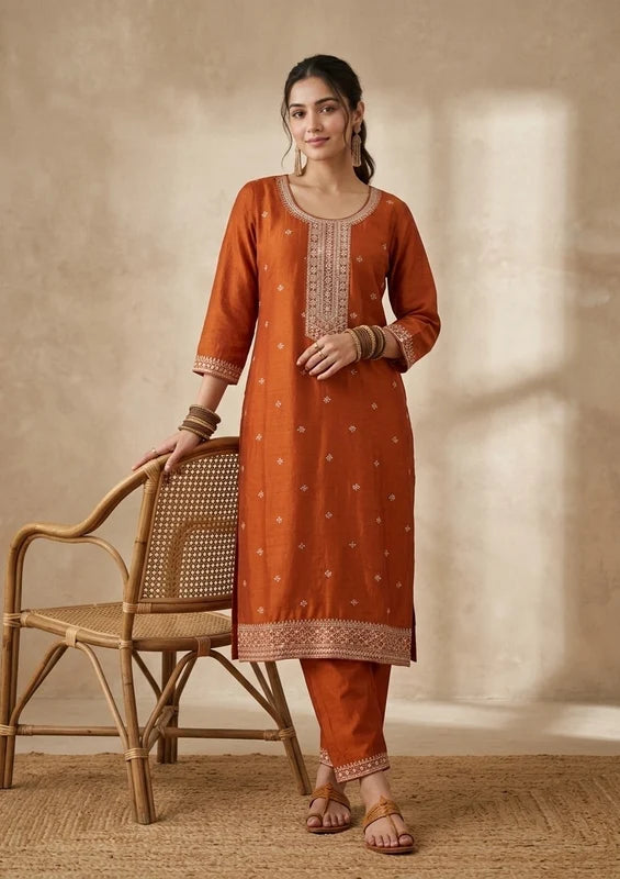 Orange Soft Raw Silk Threadwork Straight Kurta With Pant Regular And Dupatta