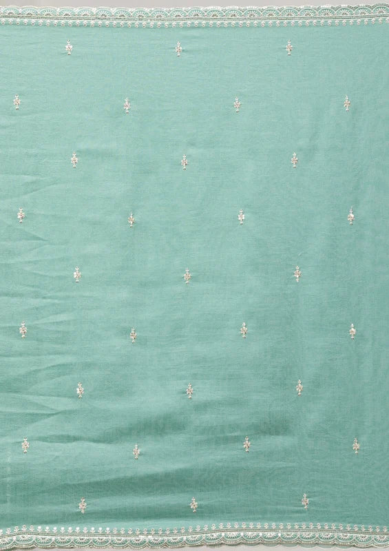 Sea Green Soft Raw Silk Threadwork Straight Kurta With Regular Pant And Dupatta