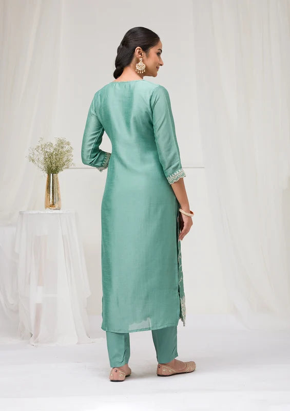 Sea Green Soft Raw Silk Threadwork Straight Kurta With Regular Pant And Dupatta