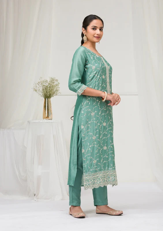Sea Green Soft Raw Silk Threadwork Straight Kurta With Regular Pant And Dupatta