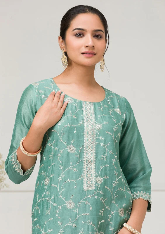 Sea Green Soft Raw Silk Threadwork Straight Kurta With Regular Pant And Dupatta