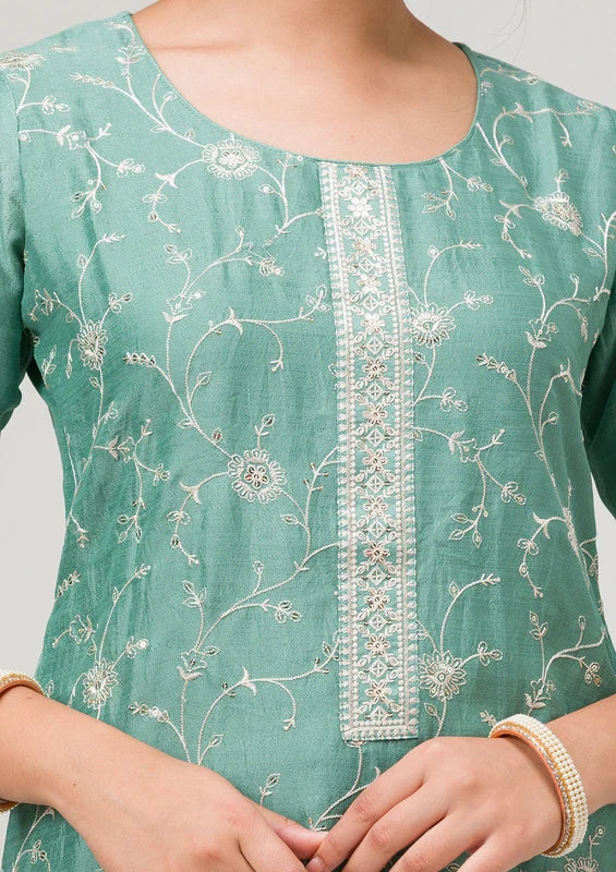 Sea Green Soft Raw Silk Threadwork Straight Kurta With Regular Pant And Dupatta