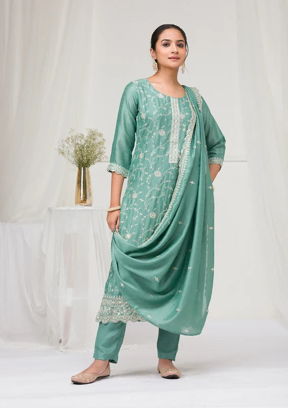 Sea Green Soft Raw Silk Threadwork Straight Kurta With Regular Pant And Dupatta