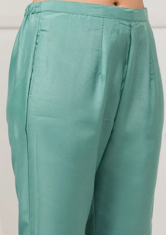 Sea Green Soft Raw Silk Threadwork Straight Kurta With Regular Pant And Dupatta