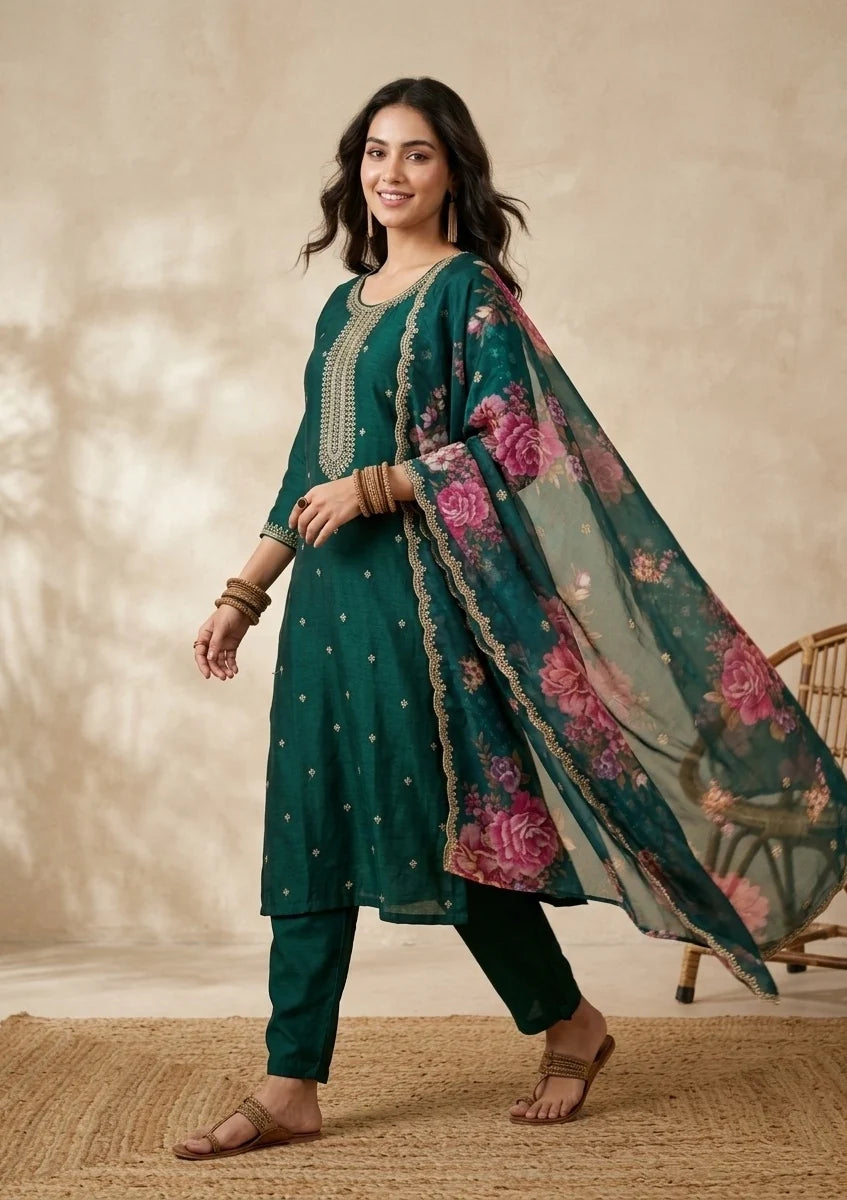 Bottle Green Soft Raw Silk Gold Zariwork Straight Kurta With Pant Regular And DupattaBottle Green Soft Raw Silk Gold Zariwork Straight Kurta With Pant Regular And Dupatta