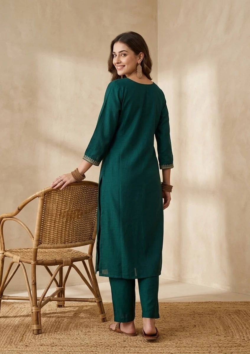 Bottle Green Soft Raw Silk Gold Zariwork Straight Kurta With Pant Regular And DupattaBottle Green Soft Raw Silk Gold Zariwork Straight Kurta With Pant Regular And Dupatta