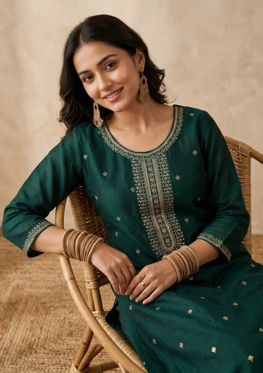 Bottle Green Soft Raw Silk Gold Zariwork Straight Kurta With Pant Regular And DupattaBottle Green Soft Raw Silk Gold Zariwork Straight Kurta With Pant Regular And Dupatta