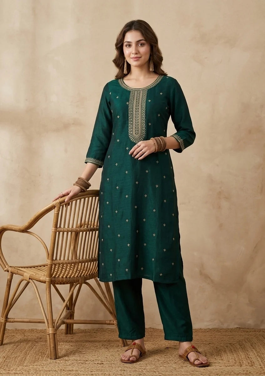 Bottle Green Soft Raw Silk Gold Zariwork Straight Kurta With Pant Regular And DupattaBottle Green Soft Raw Silk Gold Zariwork Straight Kurta With Pant Regular And Dupatta