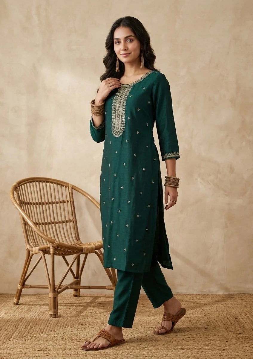 Bottle Green Soft Raw Silk Gold Zariwork Straight Kurta With Pant Regular And DupattaBottle Green Soft Raw Silk Gold Zariwork Straight Kurta With Pant Regular And Dupatta
