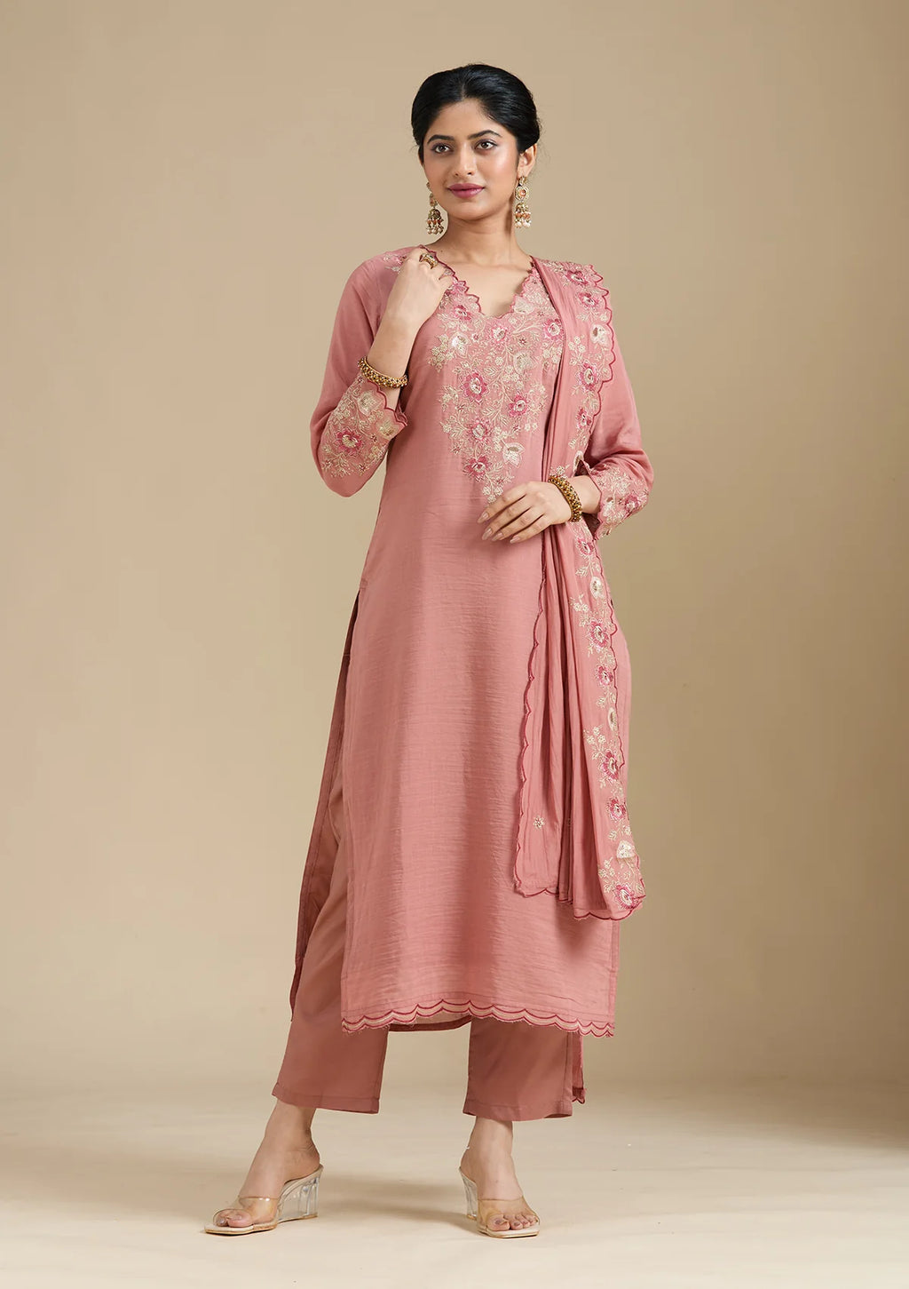 Rust Chanderi Threadwork Straight Kurta With Regular Pant And Dupatta