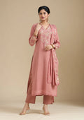 Rust Chanderi Threadwork Straight Kurta With Regular Pant And Dupatta