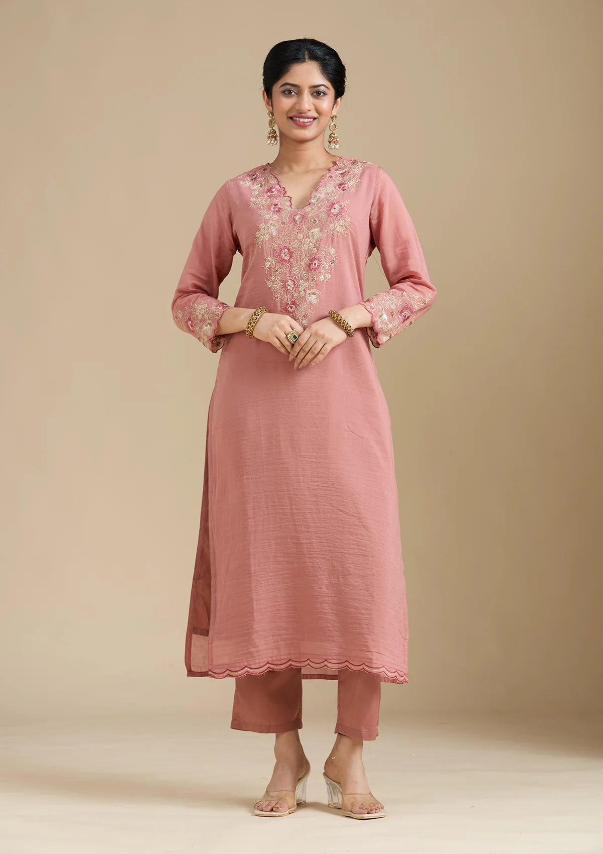 Rust Chanderi Threadwork Straight Kurta With Regular Pant And Dupatta