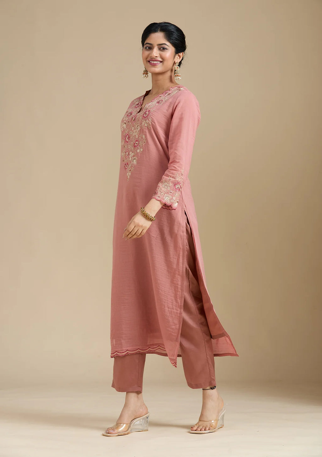Rust Chanderi Threadwork Straight Kurta With Regular Pant And Dupatta
