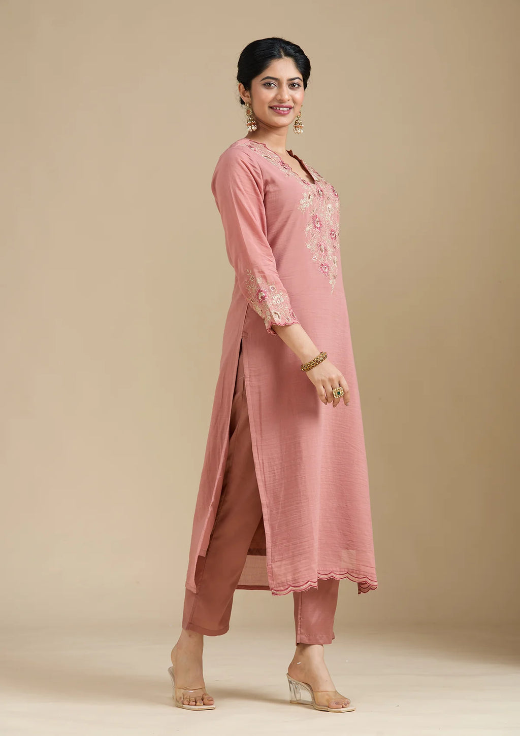 Rust Chanderi Threadwork Straight Kurta With Regular Pant And Dupatta