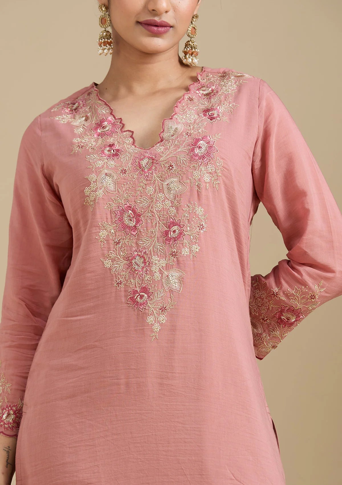 Rust Chanderi Threadwork Straight Kurta With Regular Pant And Dupatta
