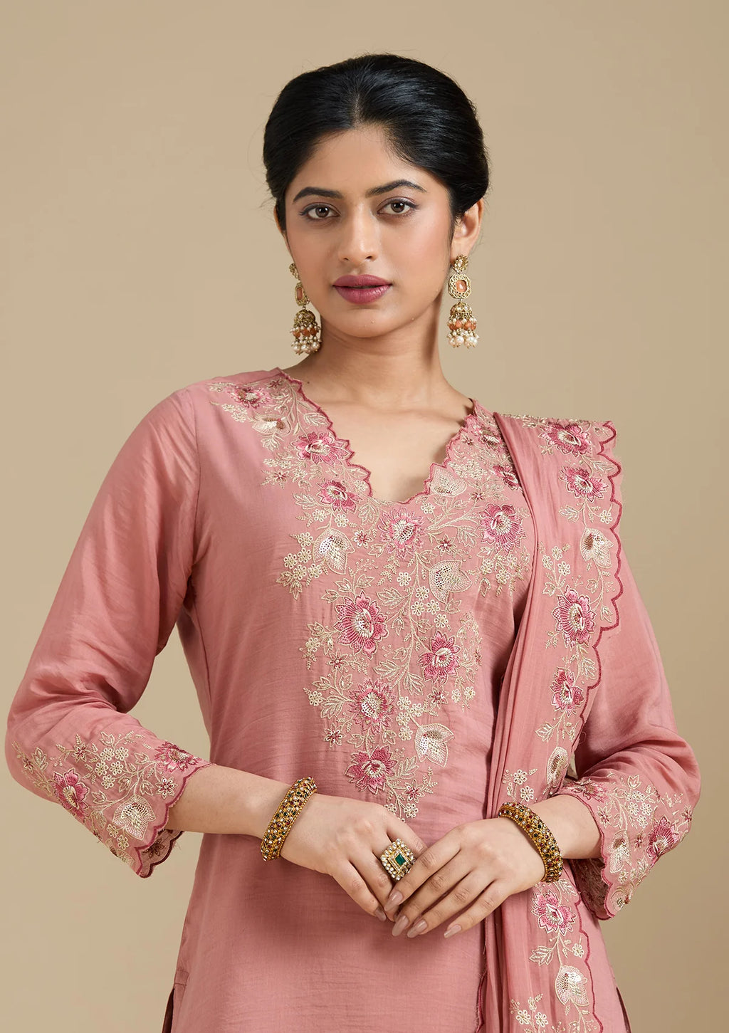 Rust Chanderi Threadwork Straight Kurta With Regular Pant And Dupatta