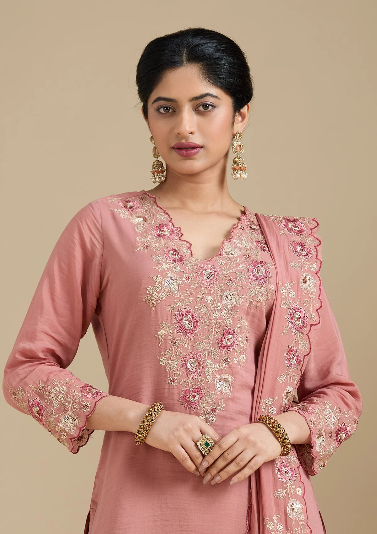 Rust Chanderi Threadwork Straight Kurta With Regular Pant And Dupatta
