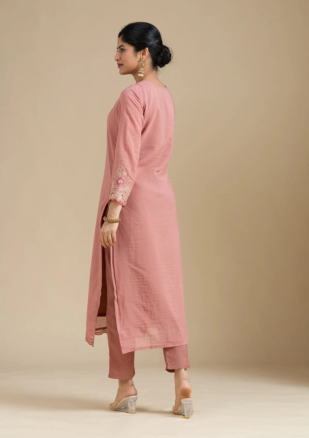 Rust Chanderi Threadwork Straight Kurta With Regular Pant And Dupatta