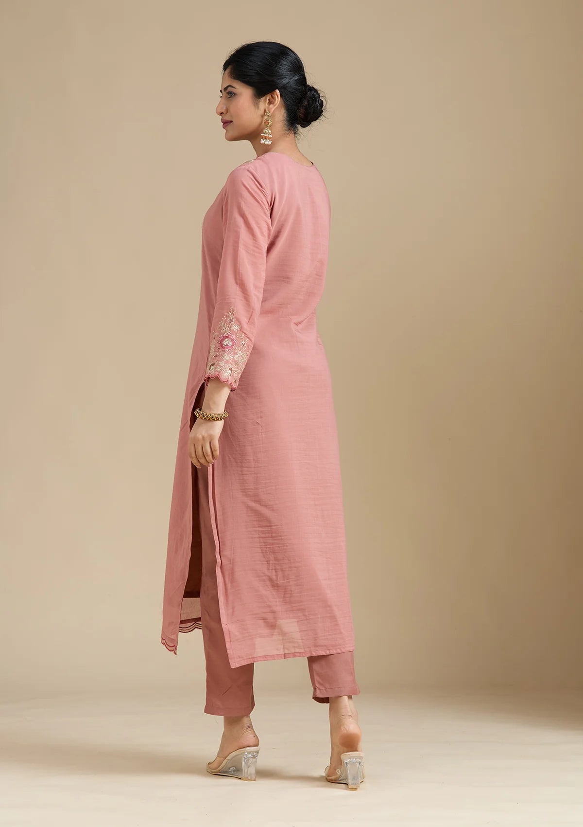 Rust Chanderi Threadwork Straight Kurta With Regular Pant And Dupatta