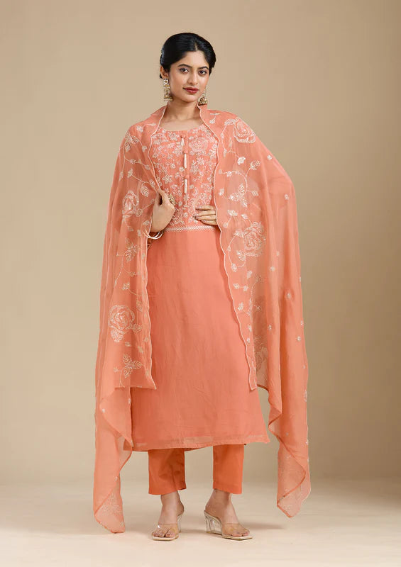Light Orange Zardozi (Gold) Organza Readymade Salwar Suit