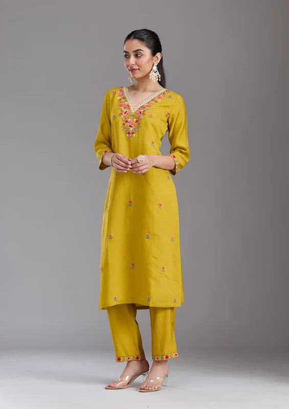 Mustard Yellow Chanderi Threadwork Straight Kurta With Pant Regular And Dupatta