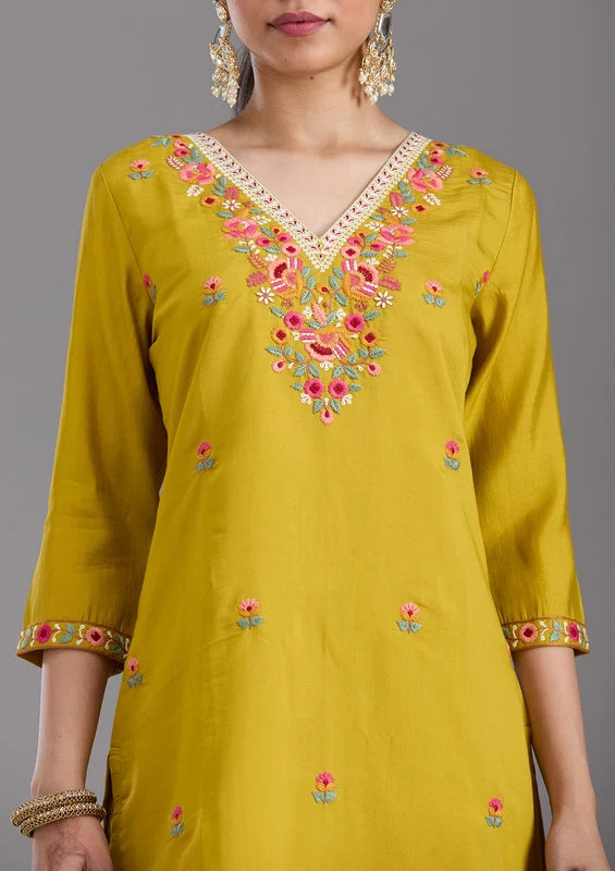 Mustard Yellow Chanderi Threadwork Straight Kurta With Pant Regular And Dupatta