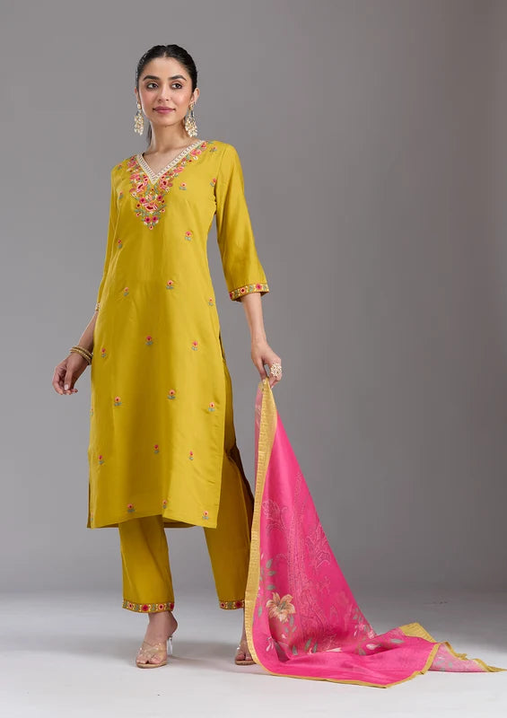 Mustard Yellow Chanderi Threadwork Straight Kurta With Pant Regular And Dupatta